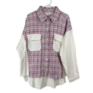 Graffiti White Denim Shacket LARGE Pink Tweed Plaid Oversized Fall Casual Preppy